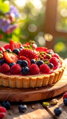 A colorful fruit tart on a wooden board surrounded by fresh berries