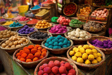A vibrant market stall filled with colorful powders and balls on display