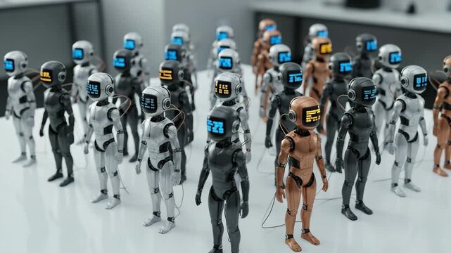 Rows of Multi Colored AI Robots with Code on Face Screens in Lab
