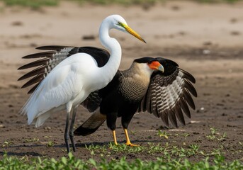 Obraz premium White stork and black bird fighting on the ground