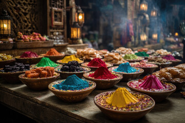 A vibrant market stall filled with colorful powders and spices on display