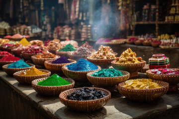A vibrant display of colorful powders in woven baskets at an Indian market