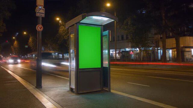 Empty green screen advertising panel on a modern bus stop shelter in a bustling urban city street at night, perfect for design mockup or promotion