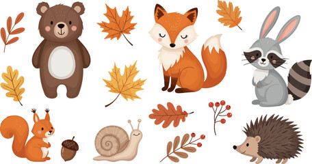 Cute autumn forest animals and fall leaves illustration set with bear, fox, rabbit, squirrel, hedgehog, snail, and seasonal woodland elements © MdNazmul