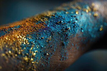 A close-up view of a hand covered in vibrant blue and gold glitter