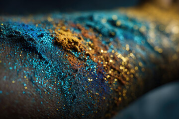 A close-up view of colorful glitter on a textured surface