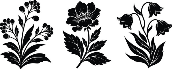 Stylized floral silhouettes, decorative botanical vector illustration, elegant flower artwork, nature-inspired design elements for creative and seasonal themes © MSTIRIN