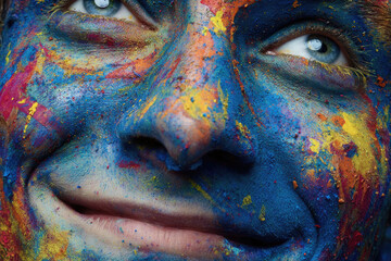 A close-up of a person's face covered in colorful paint splatters