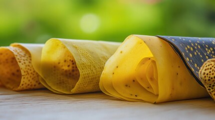Two vibrant yellow beeswax food wraps with interesting patterns, partially unfurled on a wooden surface, ready for sustainable storage.