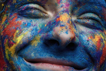 A person with a vibrant and colorful face paint smiling peacefully
