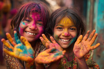 Two young girls celebrating Holi with colorful paint on their faces and hands