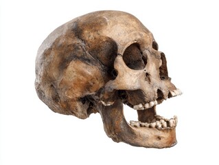 Ancient human skull with detailed bone structure and teeth