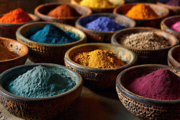A collection of colorful powder pigments in small wooden bowls