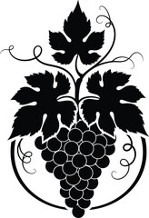 Stylized grape cluster with vine leaves and tendrils enclosed in decorative circular frame, elegant black silhouette vector illustration design