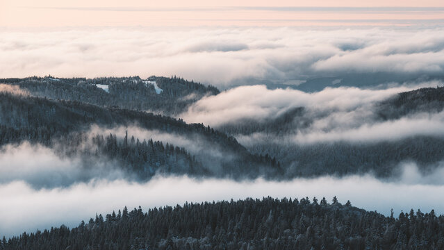 View of a misty landscape with clouds rolling over dark pine forests, creating a serene and ethereal atmosphere, Stosswihr, Grand Est, France.