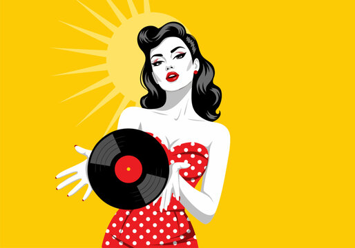 Retro Pin-up Girl Holding Vinyl Record - Vector Illustration with Sunburst