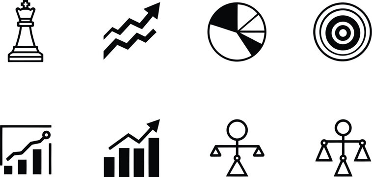 Business strategy icons featuring a chess king rising stock market charts a pie graph a target and figures balancing scales representing strategic planning and success goals