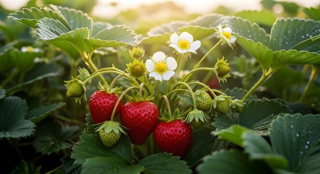 Ripe strawberries growing on a lush green plant with white flowers in a sunny garden