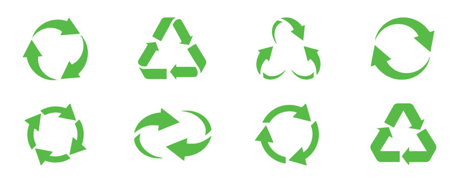 Green recycling symbol icons variations for environmental design