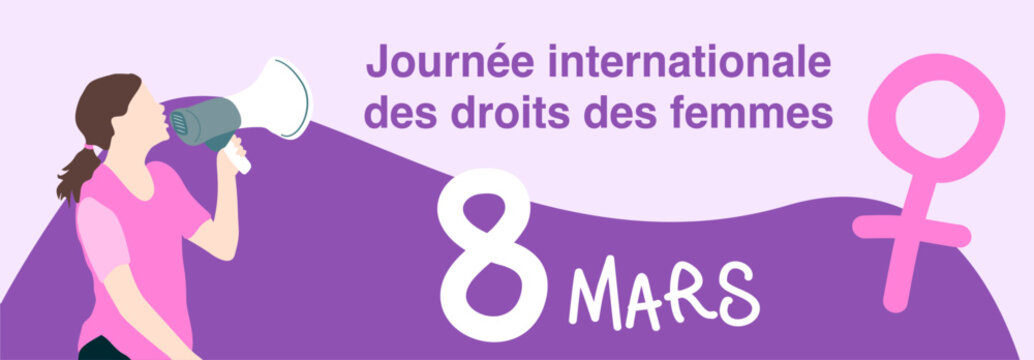 Concept de banni&egrave;re pour la journ&eacute;e des droits des femmes, avec une silhouette de femme criant dans un m&eacute;gaphone pour protester pendant les manifestation du 8 mars. illustration vectorielle  