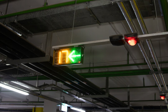 Glowing parking queue number display. Digital system, navigation, waiting line and urban service concept.