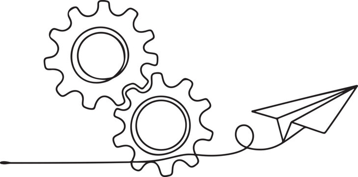 Gears wheels and paper plane in one continuous line drawing.one line icon illustration with white background
