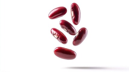 Red kidney beans levitating against a white background.