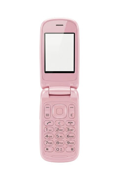 Pink flip phone open with blank screen isolated. Retro communication device mockup.