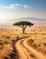 Fototapeta premium Iconic Acacia Tree and Dirt Road in African Savanna Landscape Under a Bright Sky.