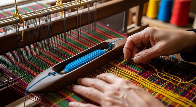 Intricate weaving process, artisan crafting colorful textile on a loom