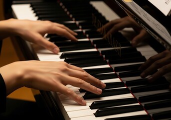 Obraz premium Melodic expression on piano keyboard, hands of musician create harmony