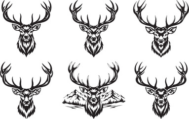 Obraz premium Vector set of six isolated black and white deer stag heads with large antlers, one featuring detailed mountain peaks, ideal for hunting club branding or outdoor adventure emblems.