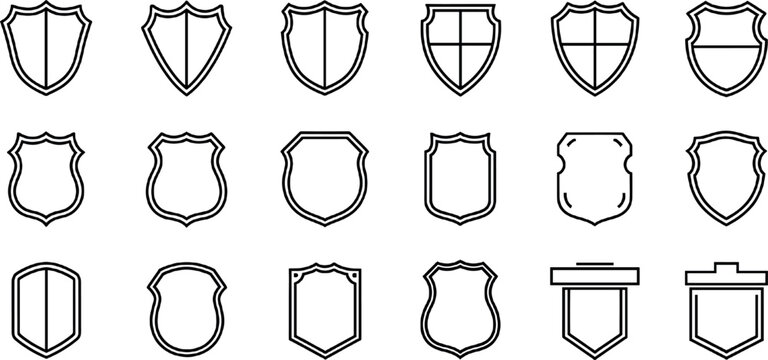 Minimal line shield badge icon set featuring vintage crest shapes security emblems heraldic frames and logo templates