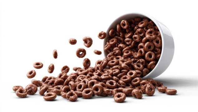 Dynamic Chocolate Cereal Rings Spilling from White Bowl, Isolated Breakfast Food.