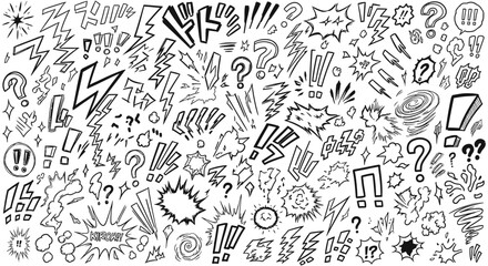 Obraz premium dynamic hand-drawn vector set of comic book sound effects manga exclamations question marks and impact lines for graphic design.