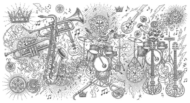 dynamic music explosion illustration featuring musical instruments notes lightning and grunge patterns expressing energetic sound.