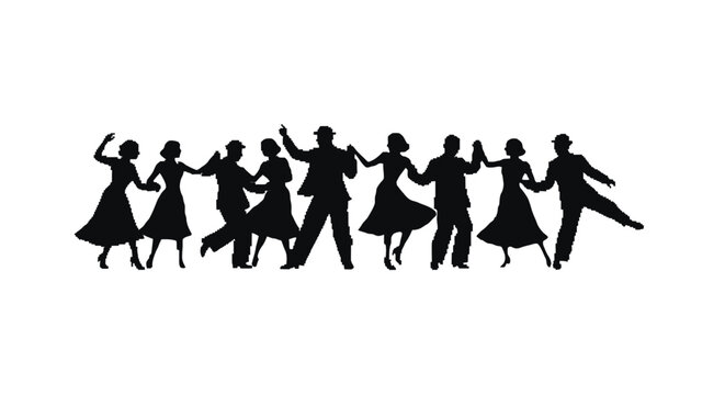 lively dancing silhouettes of men and women performing a vintage swing dance with retro charm and rhythmic energy for party events.
