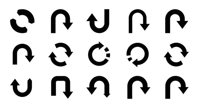 black arrow icons refresh reload undo redo u-turn directional symbols for uiux digital navigation web apps.