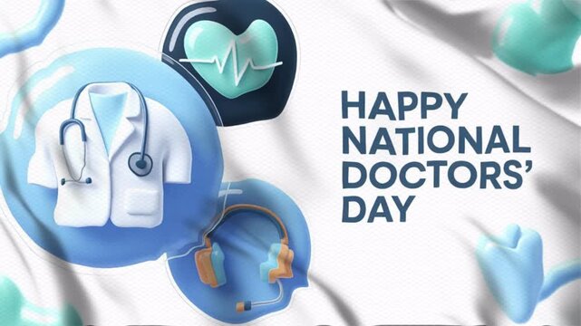 Animated video with a "Happy National Doctors' Day" theme, with a wavy flag style, suitable for campaigns. Motion graphics, 4K footage.