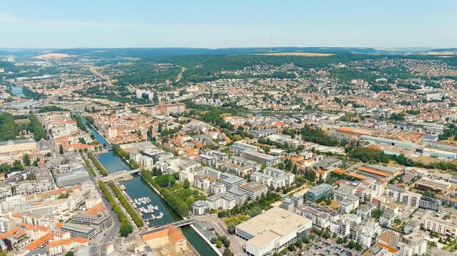 Nancy, France. Panorama of the central part of the city. Summer, Sunny day. Drone footage