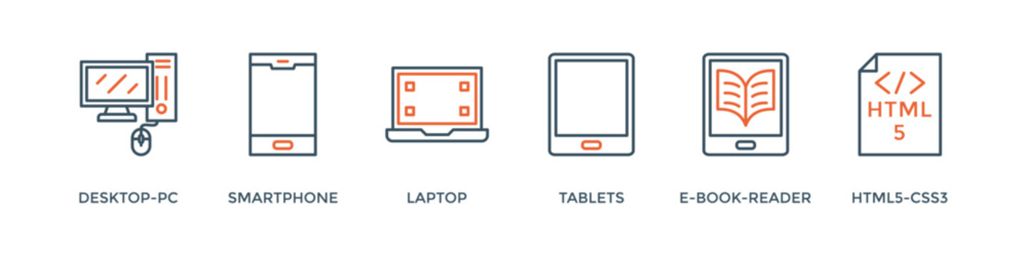 Responsive web design banner web icon vector illustration concept with icon of desktop-pc, smartphone, laptop, tablets, e-book-reader and html5-css3