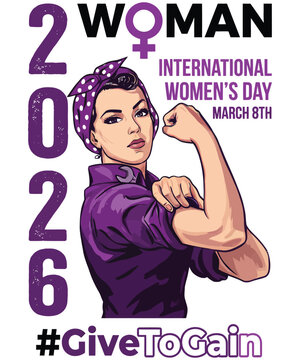 Women's Day 2026: Rosie the Riveter flexing bicep, purple shirt, bandana. "2026 Woman" text, #GiveToGain.