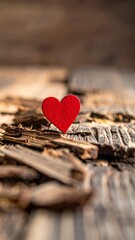 Fototapeta premium Red Heart Symbol on Rustic Wood Surface Expressing Love and Connection for Creative Concepts and Designs.