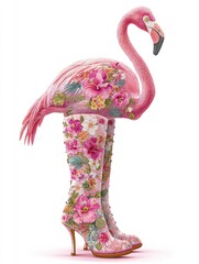 Pink Flamingo With Floral Boots Generative AI