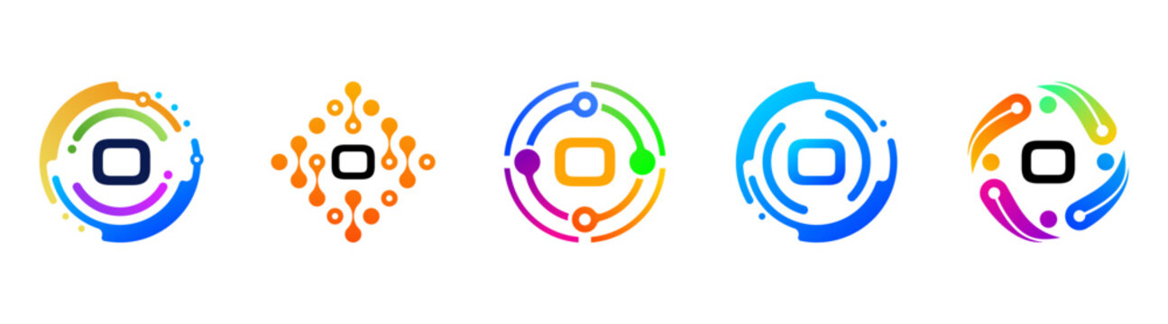 Set of abstract letter O technology logos with colorful gradients and circular network elements. Modern futuristic symbols for AI, digital innovation, branding, apps, and tech companies