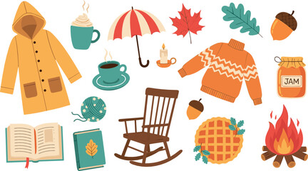 Cozy autumn illustration set with fall clothing, sweater, raincoat, rocking chair, coffee, books, pie, fire, and seasonal hygge elements for warm lifestyle designs © MdNazmul