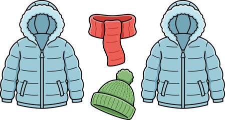 Winter Clothing Set with Puffer Jackets Scarf and Knitted Hat in Hand Drawn Flat Vector Illustration © munzuara