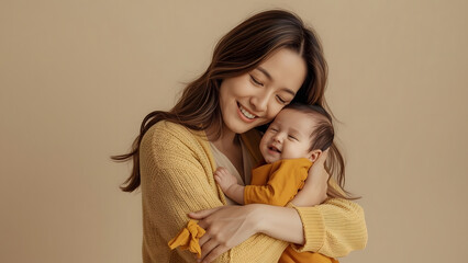 an Asian mother warmly hugging her Asian baby