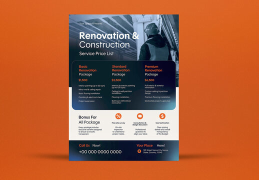 Orange Gradient Business Construction Service Price List Flyer Set