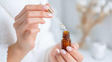 瓶からスポイトで美容液を出す女性
